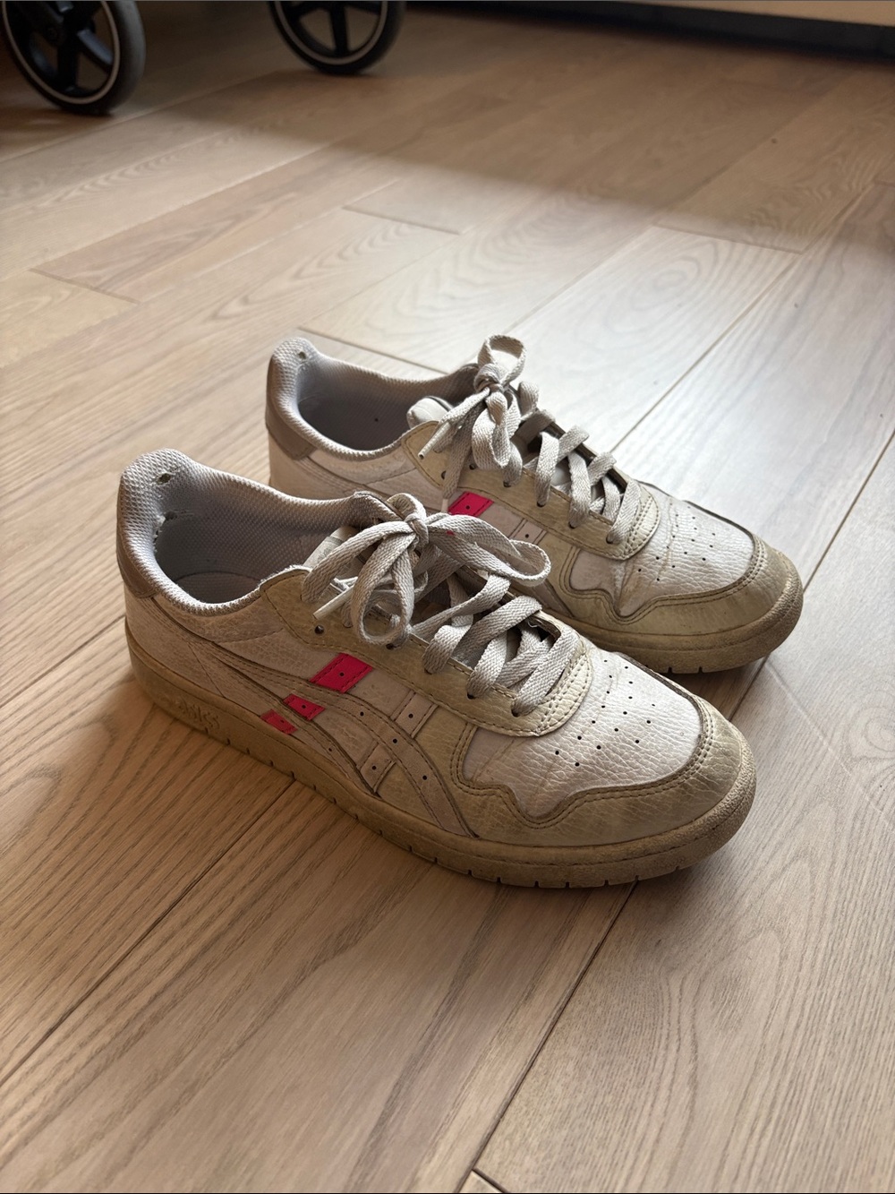 ASICS Beige Sneakers with Pink Accent Stripes